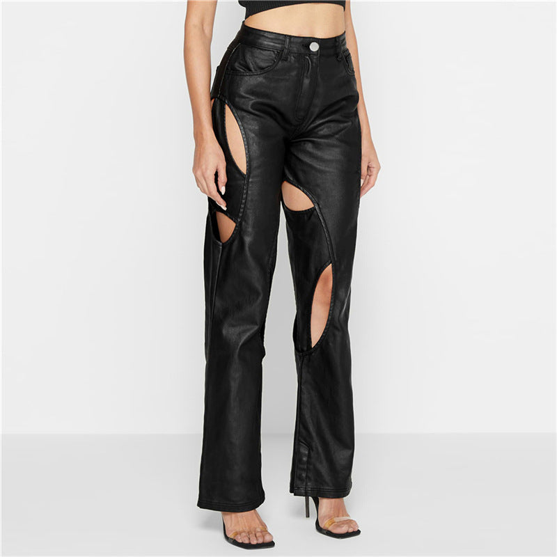 Autumn and Winter New Women's Fashion High Waist Casual Straight Slim Hollow Faux Leather Pants