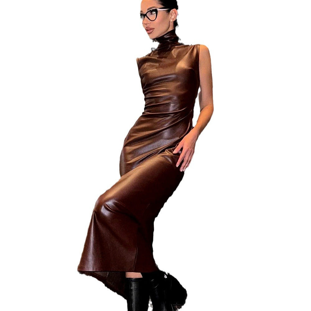High neck sleeveless waist cinched PU leather skirt