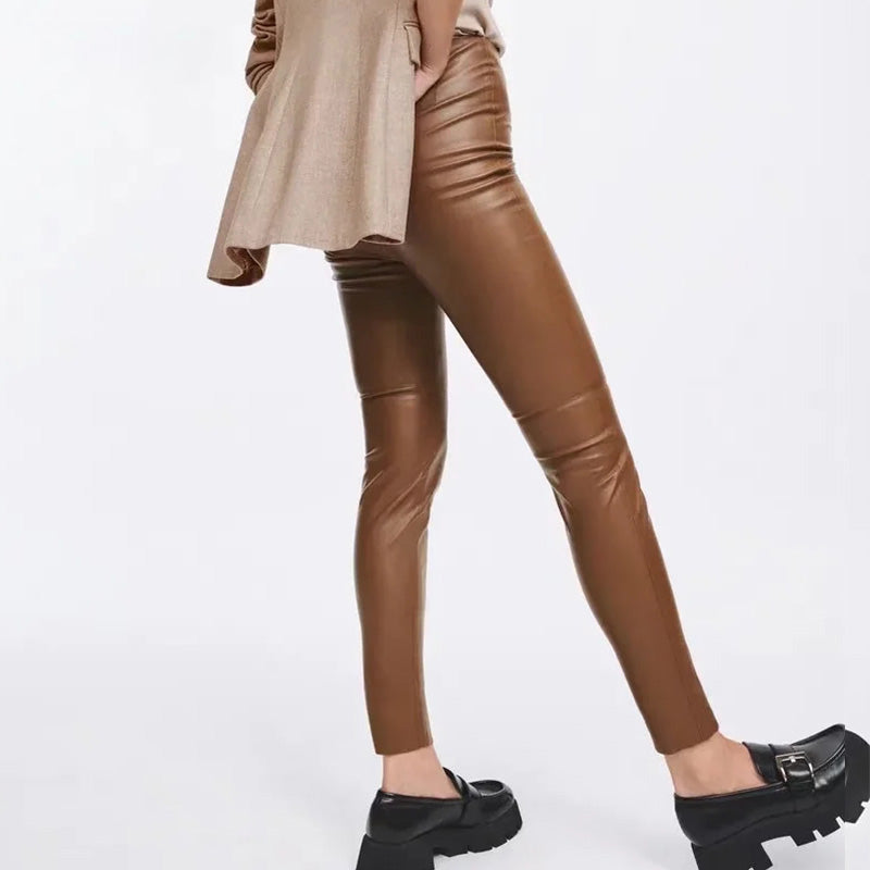 Women Pants  Spring Women's Fashion Faux Leather High Waist Leggings Trousers Vintage Elegant Female Casual Trousers