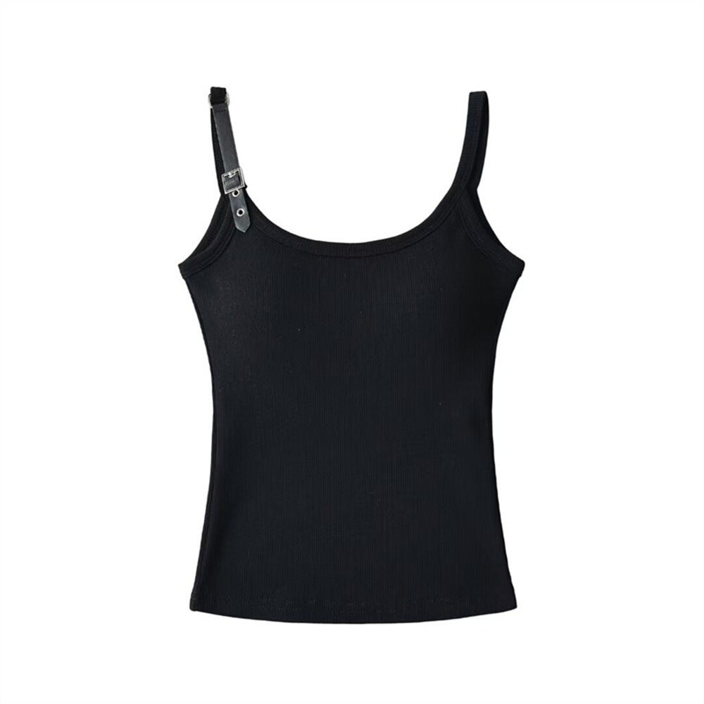 Spliced leather shoulder strap slim fit camisole top