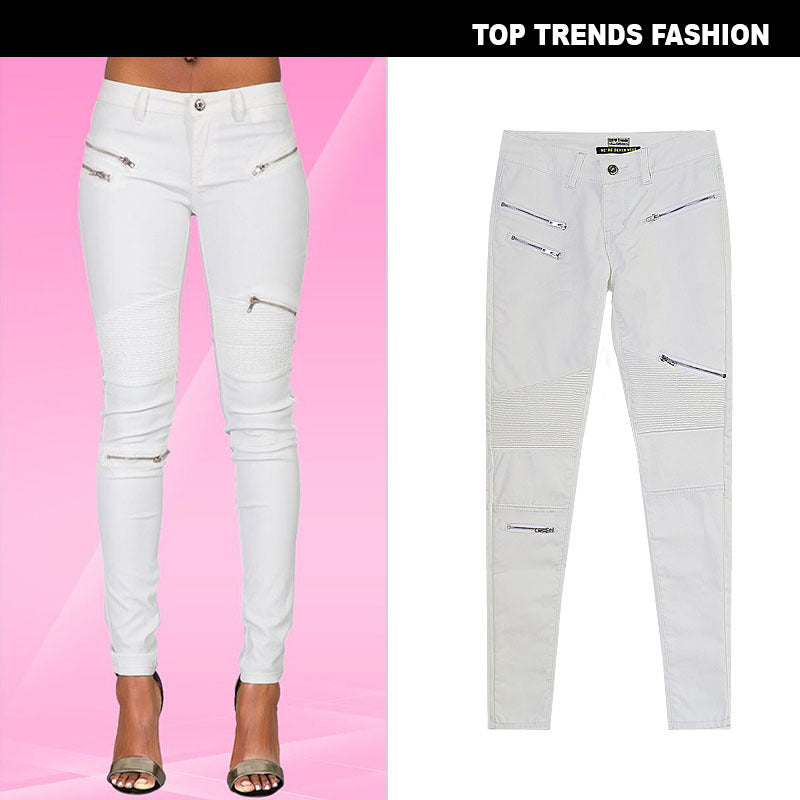 White Faux Leather Denim Pencil Pants With Multi-Zip Motorcycle Style