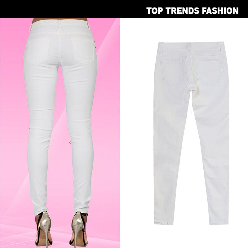 White Faux Leather Denim Pencil Pants With Multi-Zip Motorcycle Style