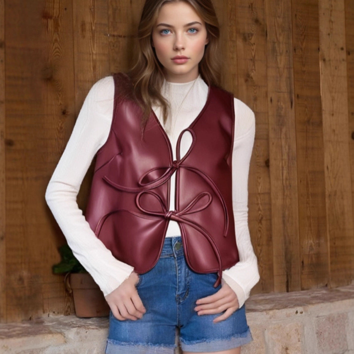 Sleeveless lace up vest top made of PU leather