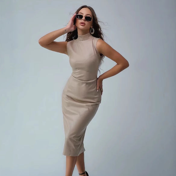 High neck sleeveless waist cinched PU leather skirt