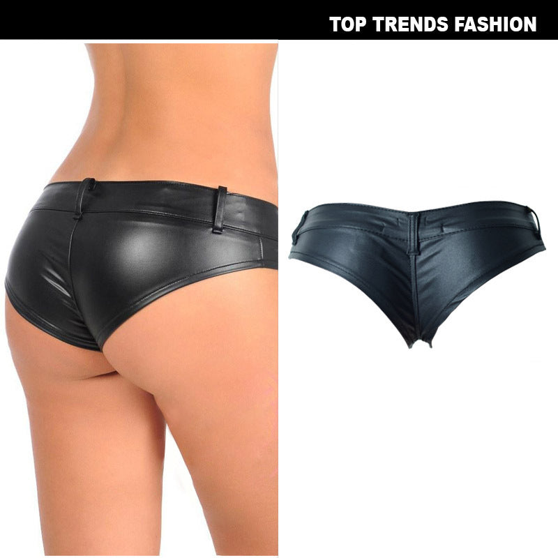 Nightclub Style Sexy Girl Low Waist Stretch Denim PU Faux Leather Button Zipper Hot Pants