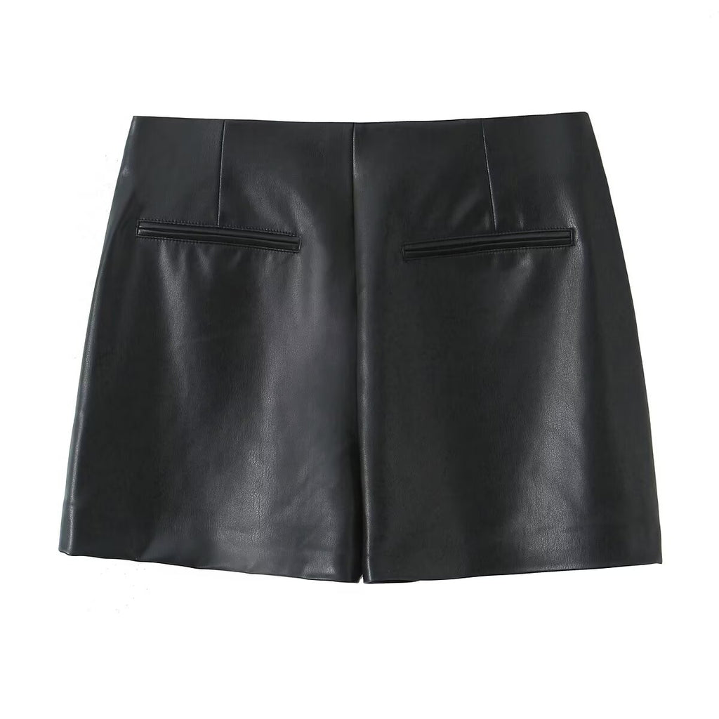 Simple and versatile solid color faux leather high waisted skirt pants