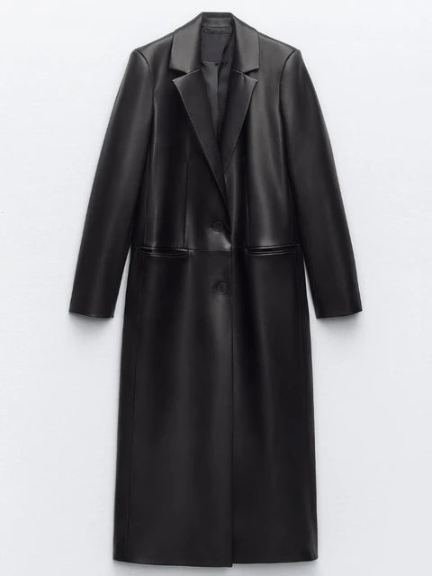 New Spring Autumn Streetwear Faux Leather Long Jacket Women Fashion Turn-down Collar Single Breasted Black Pu Coat Trench