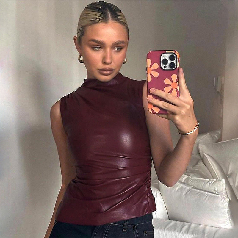 Women's Leather High Neck Unique Fitted Asymmetrical Sleeveless Top