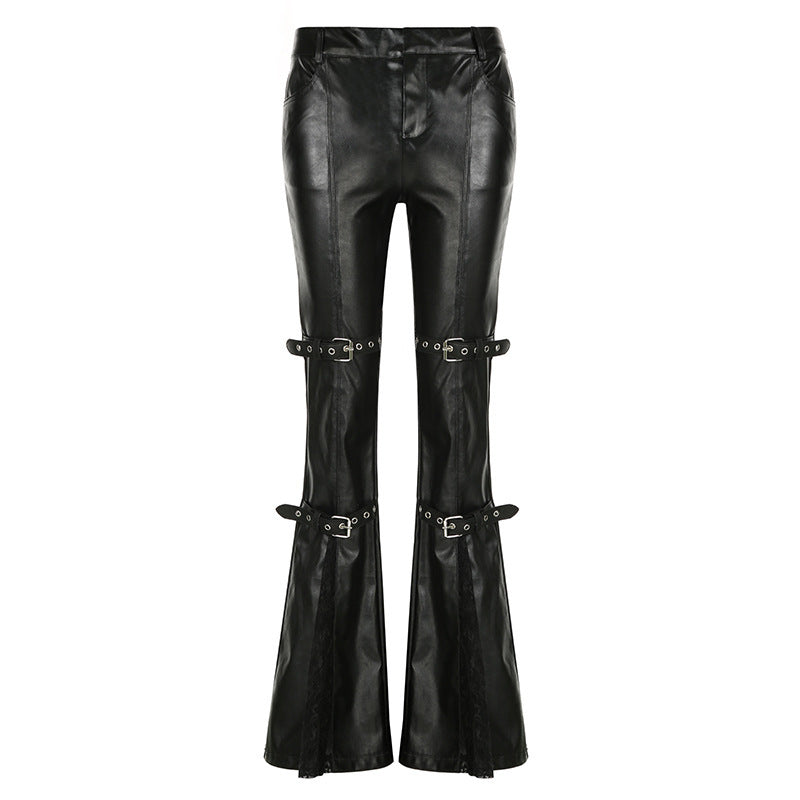 Lace patchwork leather flared pants