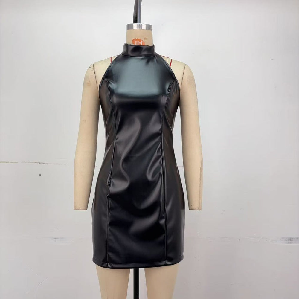 Hanging neck slim fit hip hugging PU leather dress