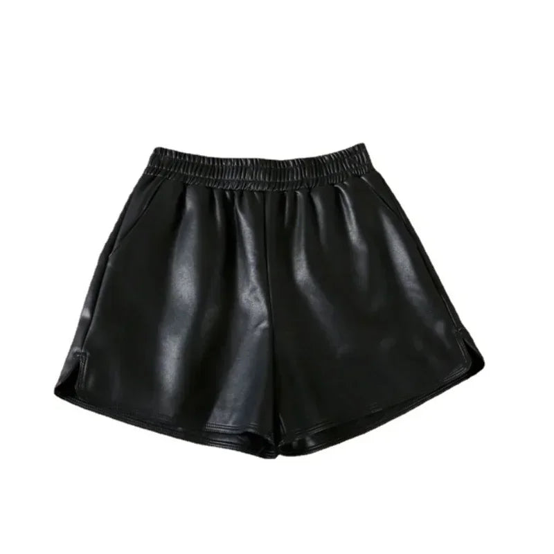 Women Elastic High Waist Wide Leg Shorts 2023 Black Faux Leather Biker Shorts Fashion Casual Ladies Sexy Bottoms Female Summer