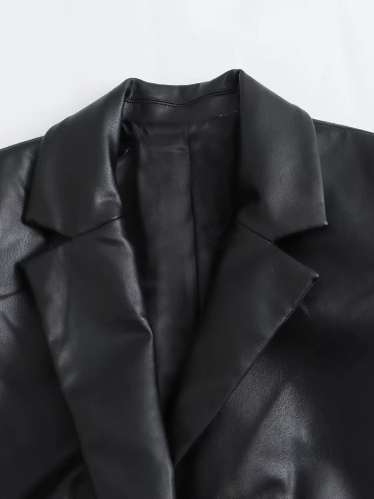 New Spring Autumn Streetwear Faux Leather Long Jacket Women Fashion Turn-down Collar Single Breasted Black Pu Coat Trench