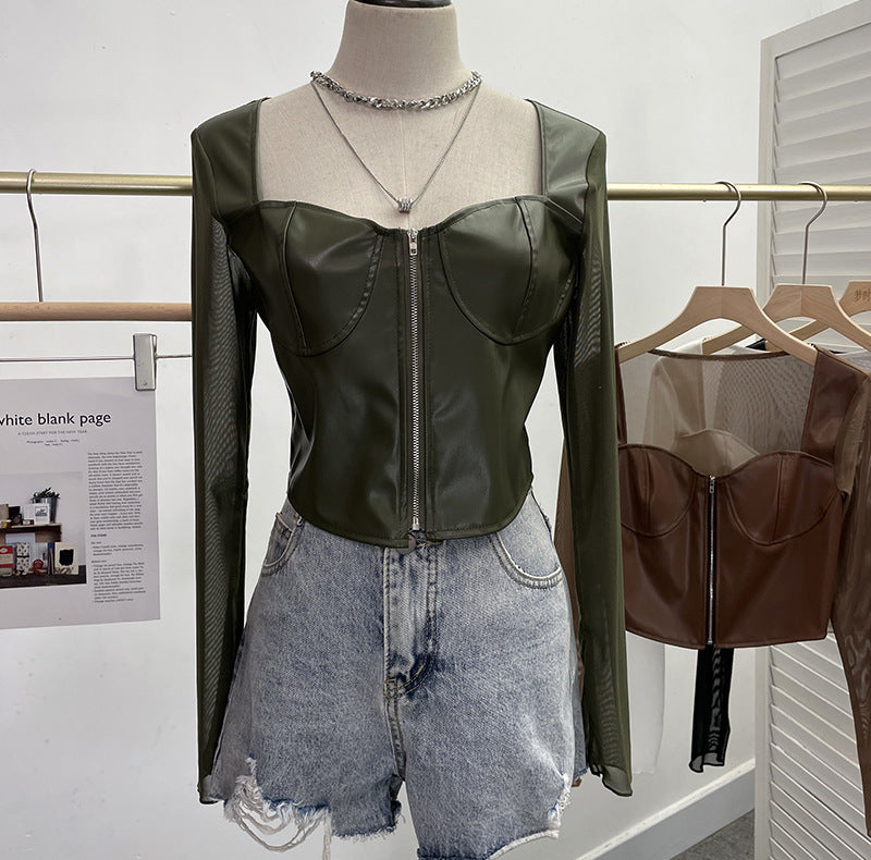 Mesh splicing PU leather long sleeved T-shirt for women