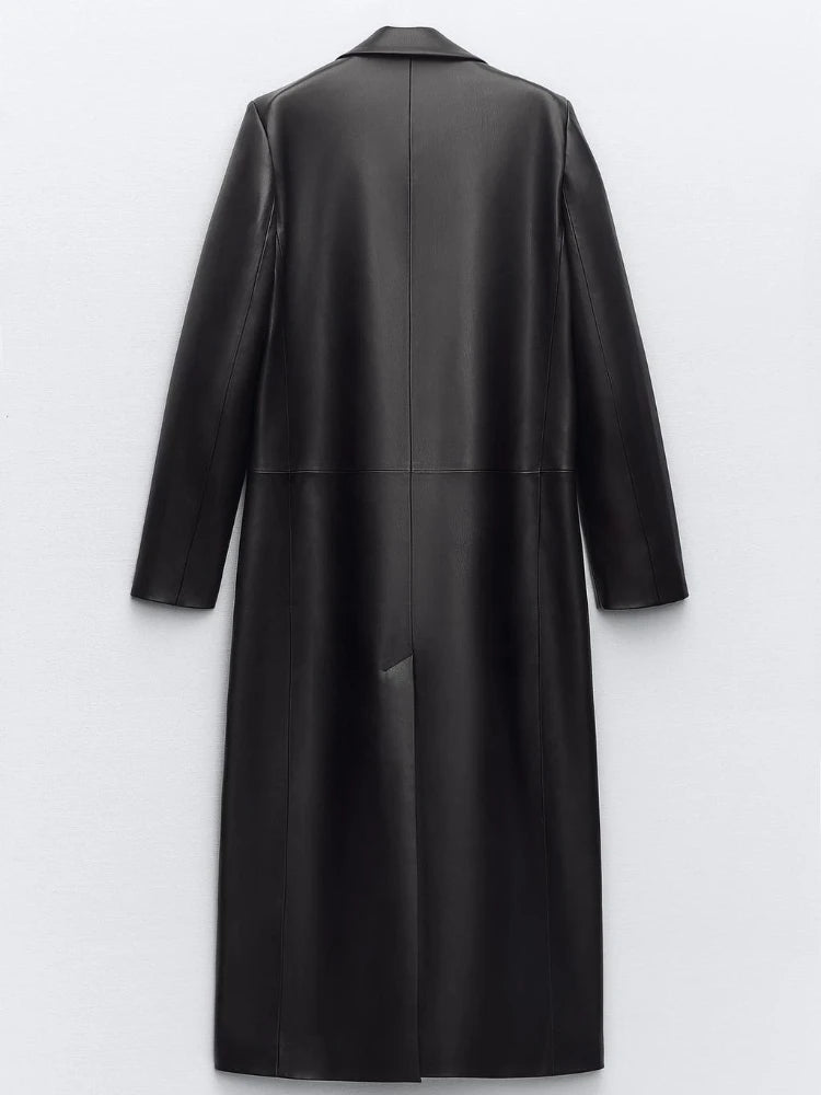 New Spring Autumn Streetwear Faux Leather Long Jacket Women Fashion Turn-down Collar Single Breasted Black Pu Coat Trench