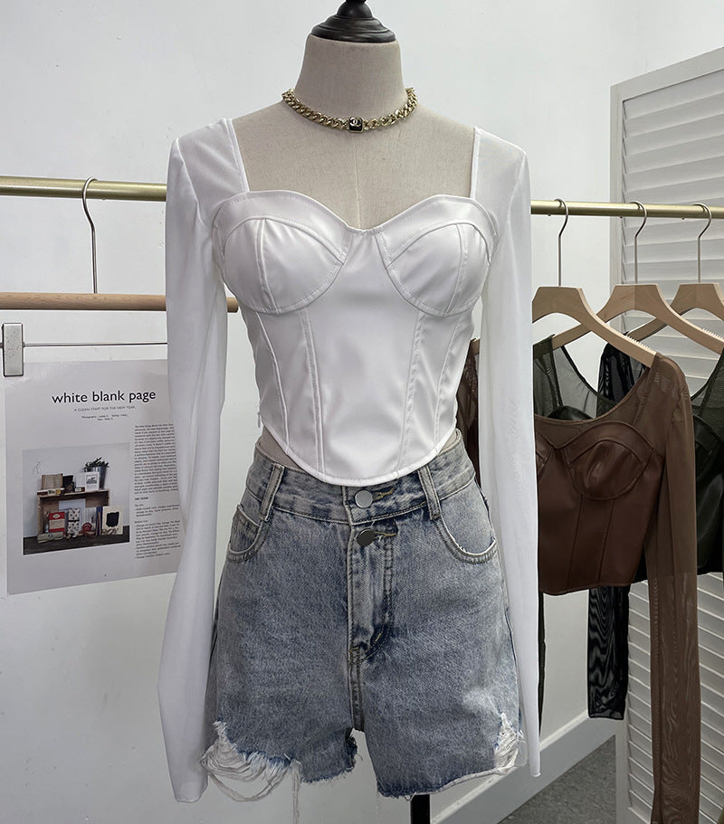 PU leather splicing mesh square neck long sleeved top