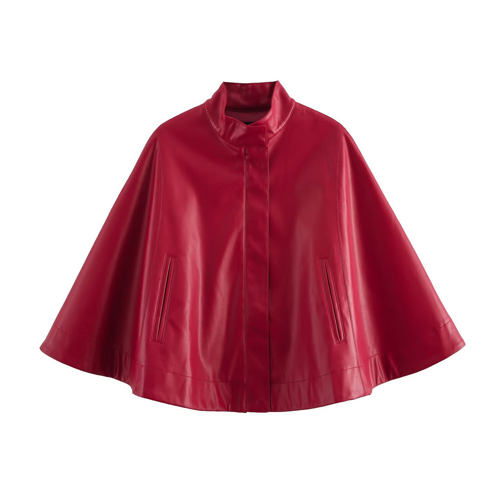 Fashionable and versatile solid color zipper leather short cape jacket for women