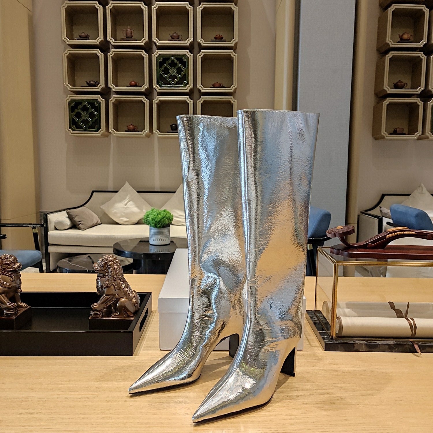 Metallic Leather Knee-high Boots Women