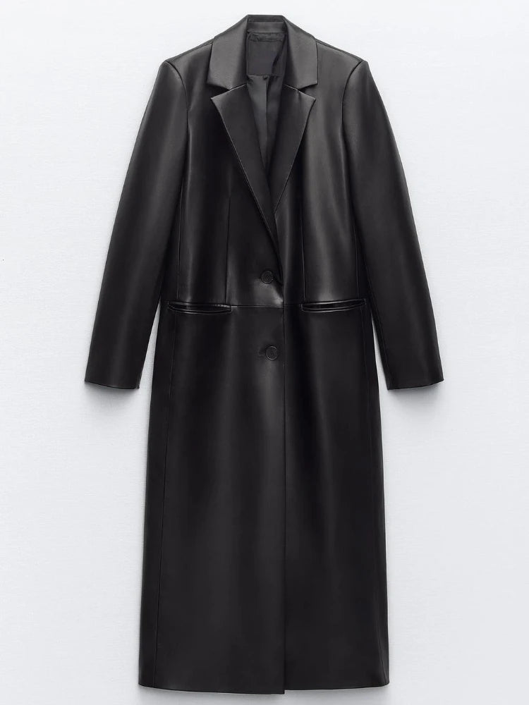 New Spring Autumn Streetwear Faux Leather Long Jacket Women Fashion Turn-down Collar Single Breasted Black Pu Coat Trench