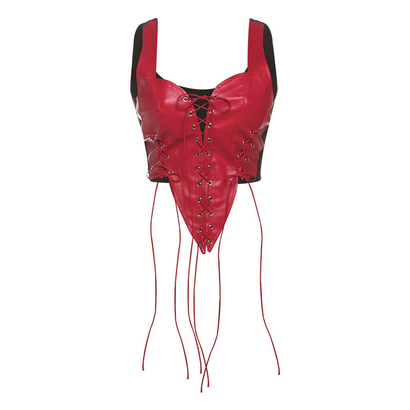 Sexy hollowed out backless contrasting strap PU leather vest