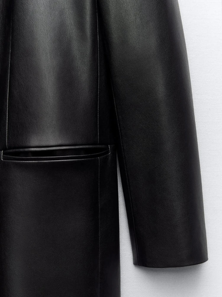 New Spring Autumn Streetwear Faux Leather Long Jacket Women Fashion Turn-down Collar Single Breasted Black Pu Coat Trench