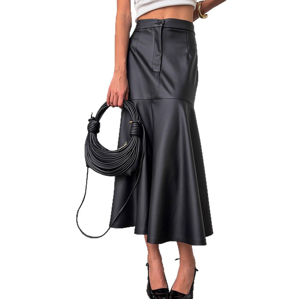 High waisted PU leather wrapped hip mid length skirt