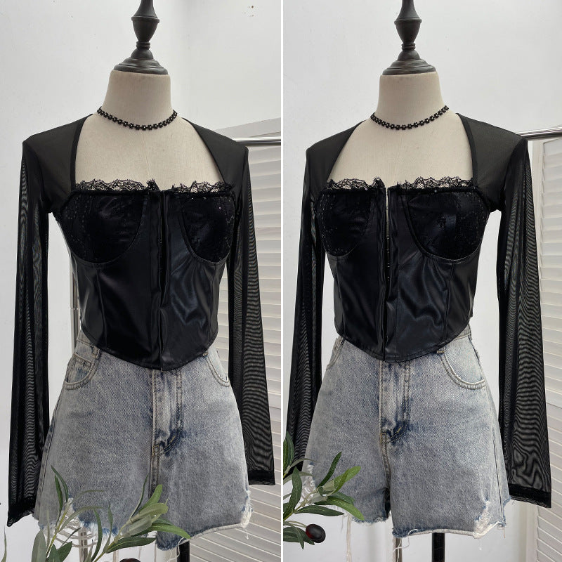 PU leather splicing mesh strapless long sleeved T-shirt