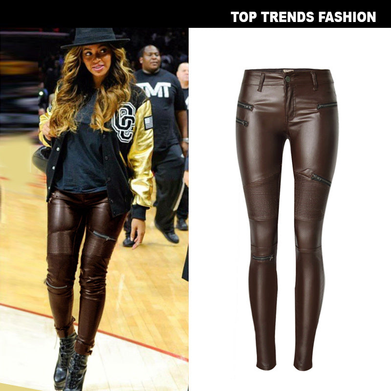 Brown Faux Leather Denim Pencil Pants Stitching Multi-Zip Motorcycle Models Have Large Sizes