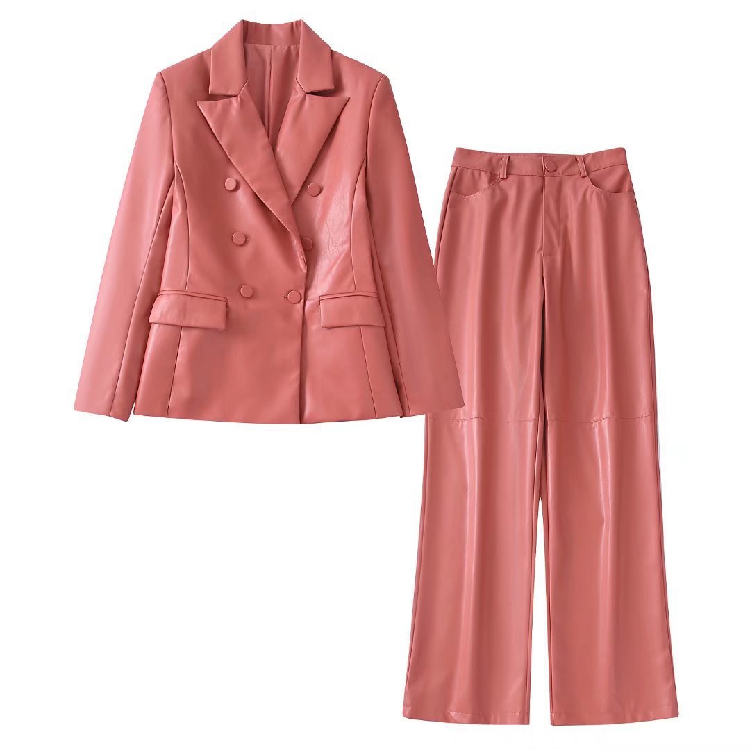 Spring/Summer New Women's Solid Color Faux Leather Double Breasted Blazer + High Waist Leather Pants