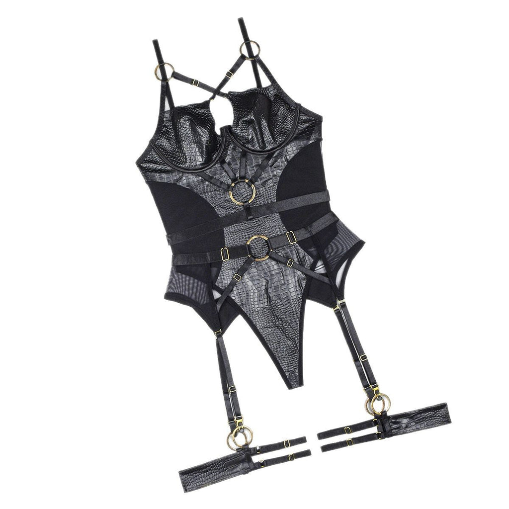 Sexy mesh patchwork leather hollow jumpsuit