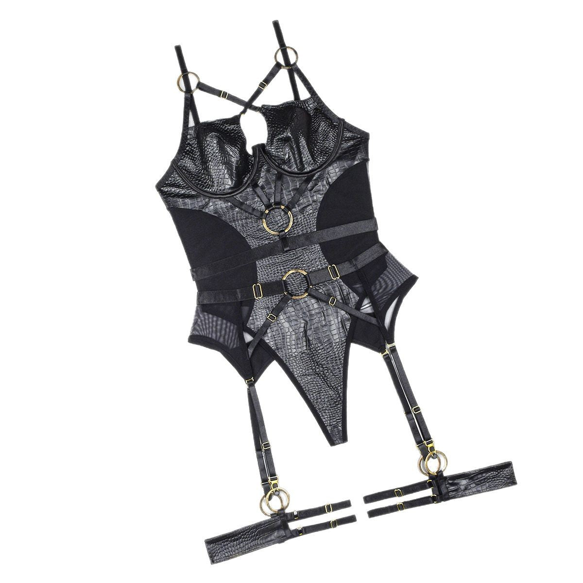 Sexy mesh patchwork leather hollow jumpsuit