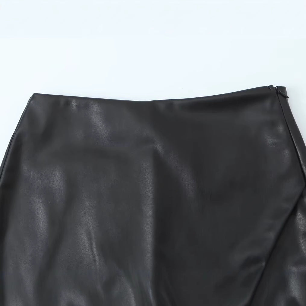 Simple and versatile solid color faux leather high waisted skirt pants