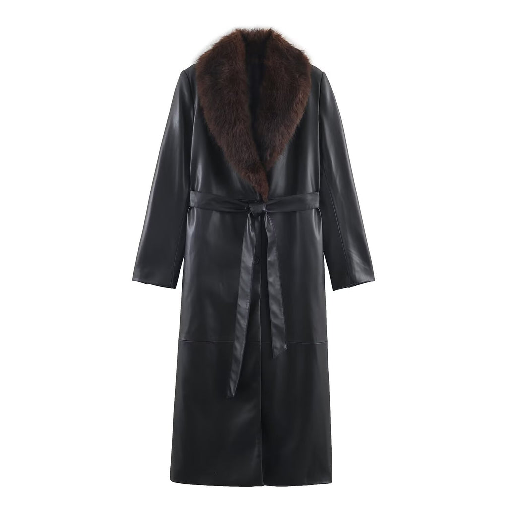 Casual Women's Coat with Detachable Collar and Faux Leather Effect