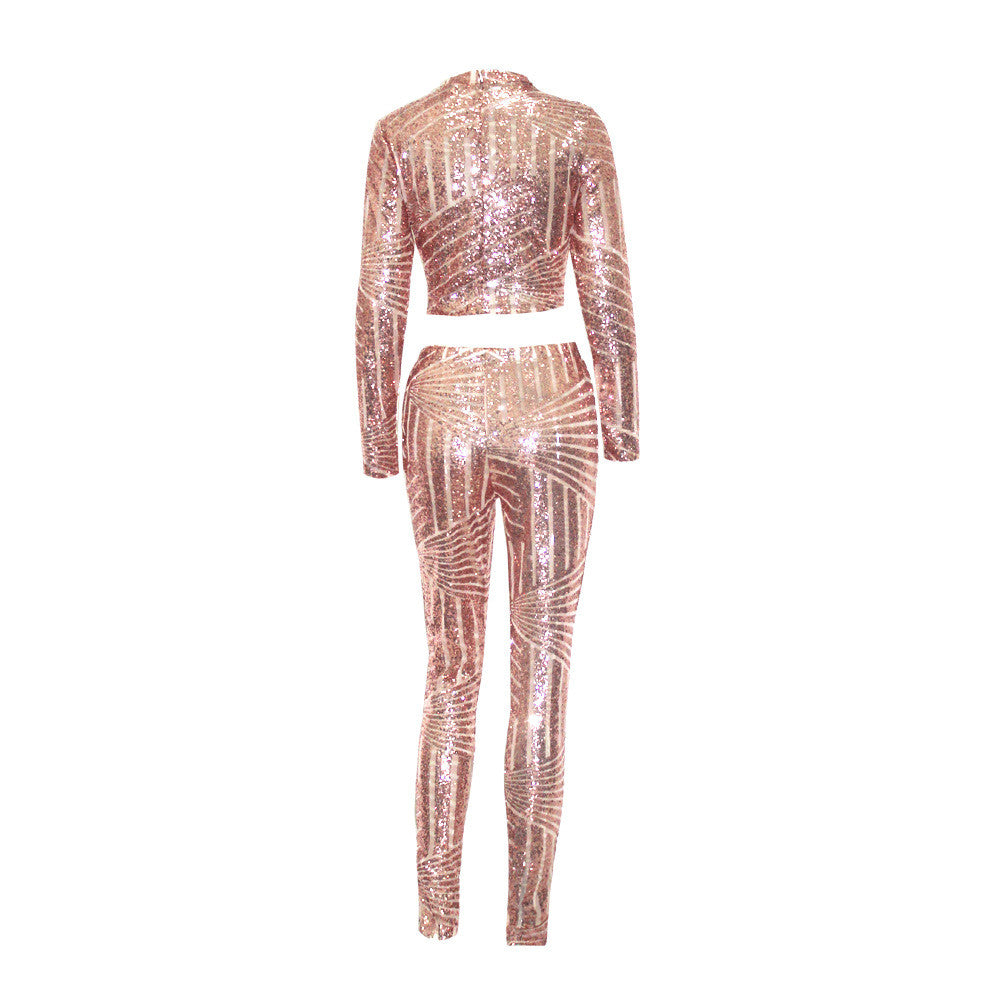 Womens Sequin Jumpsuit Bodysuit Crop Top Two Piece Set Outfits - Sins & Temptations