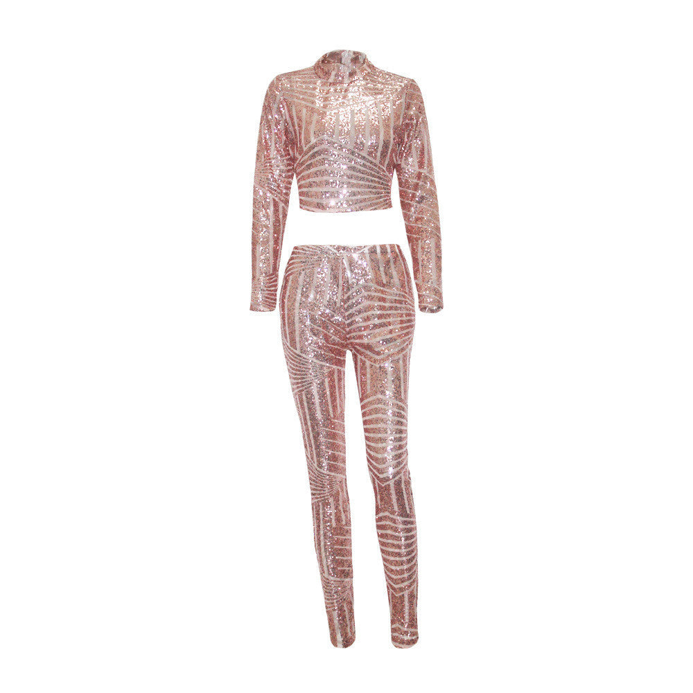 Womens Sequin Jumpsuit Bodysuit Crop Top Two Piece Set Outfits - Sins & Temptations