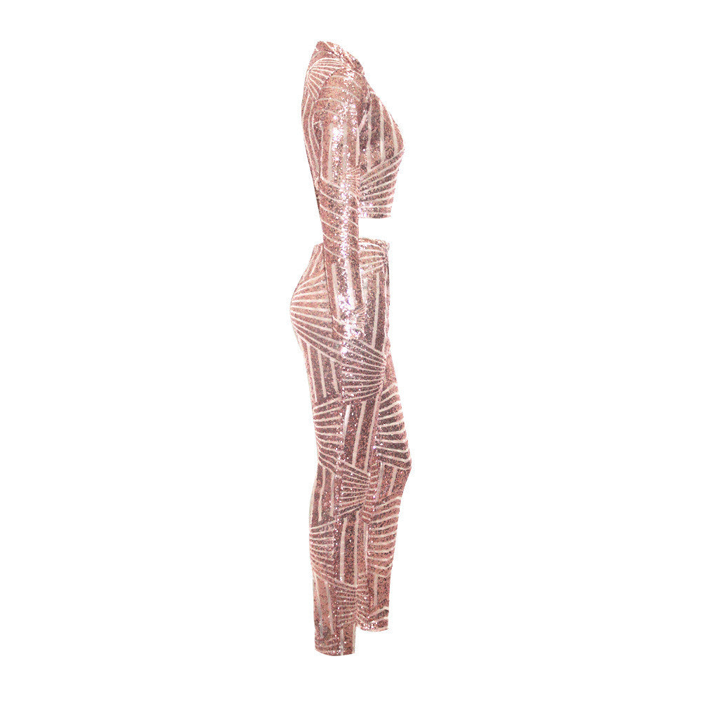 Womens Sequin Jumpsuit Bodysuit Crop Top Two Piece Set Outfits - Sins & Temptations