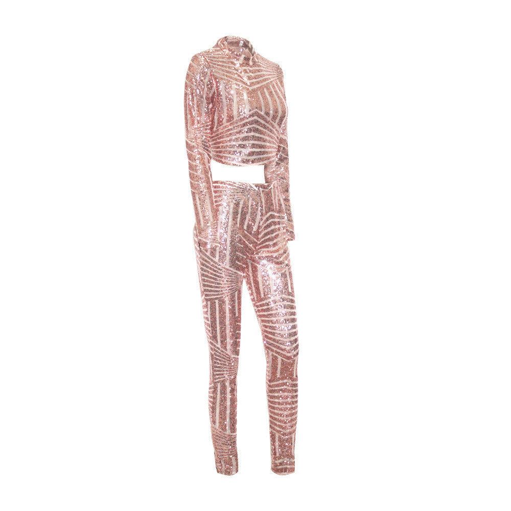Womens Sequin Jumpsuit Bodysuit Crop Top Two Piece Set Outfits - Sins & Temptations