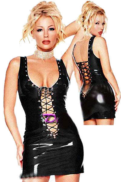 Lace Up Front and Back Women Black Leather Dress - Sins & Temptations