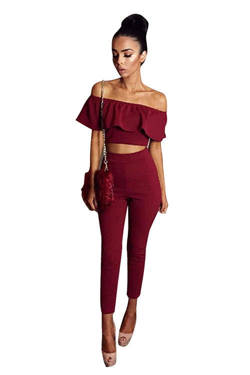 Feminine Red 2PCS Bodycon Playsuit High Waist Slash Neck Evening Party Dress - Sins & Temptations