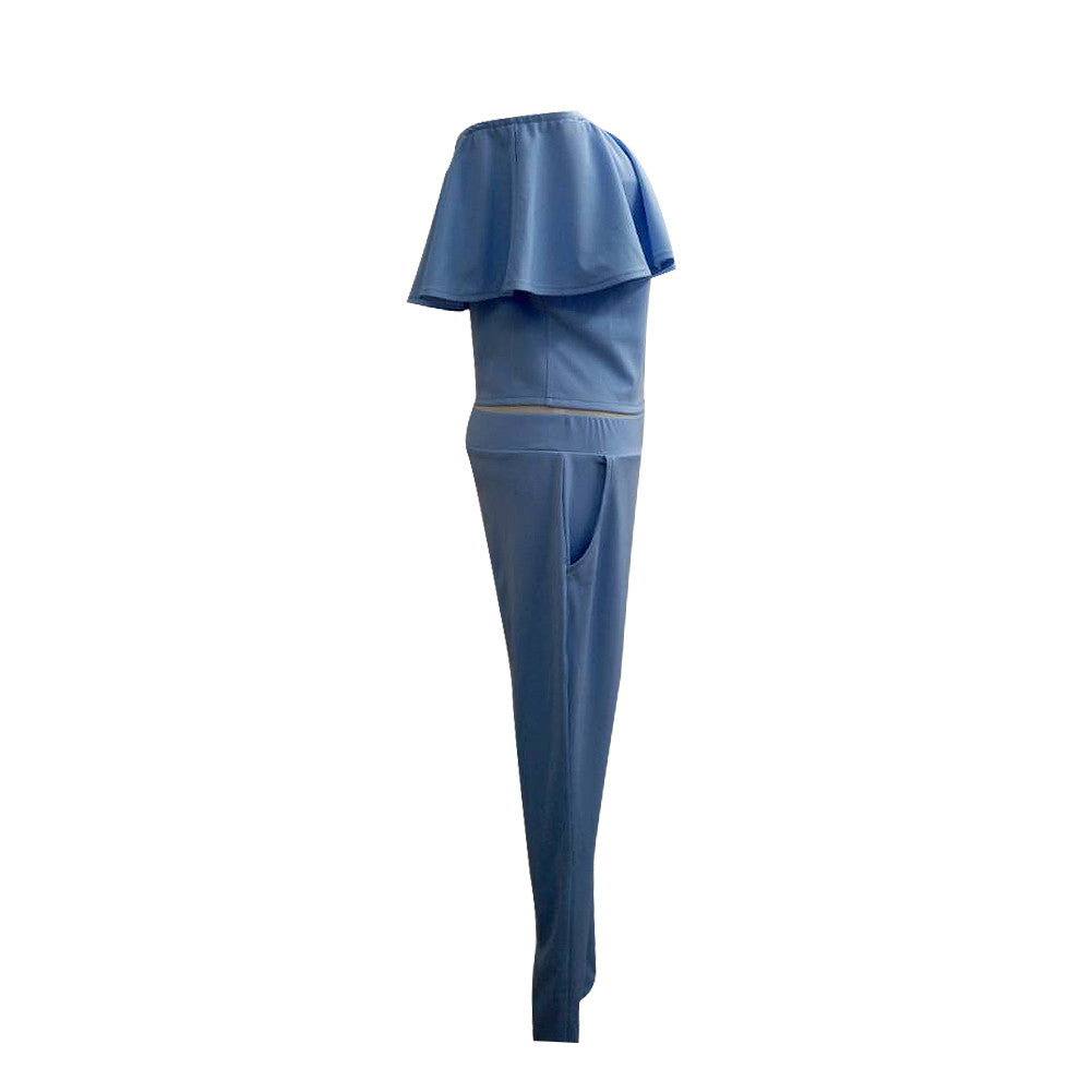 Stretch Blue 2PCS Sets Pants Ruffled Sleeves Crop Tops Evening Party jumpsuit Dress - Sins & Temptations