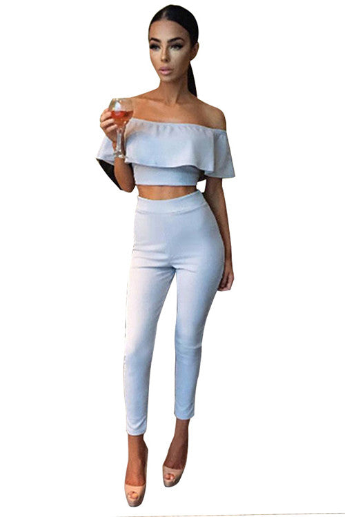 Stretch Blue 2PCS Sets Pants Ruffled Sleeves Crop Tops Evening Party jumpsuit Dress - Sins & Temptations