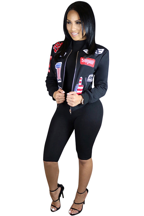 Cool Splicing Zipper Closure Short Black Bomber Jacket - Sins & Temptations