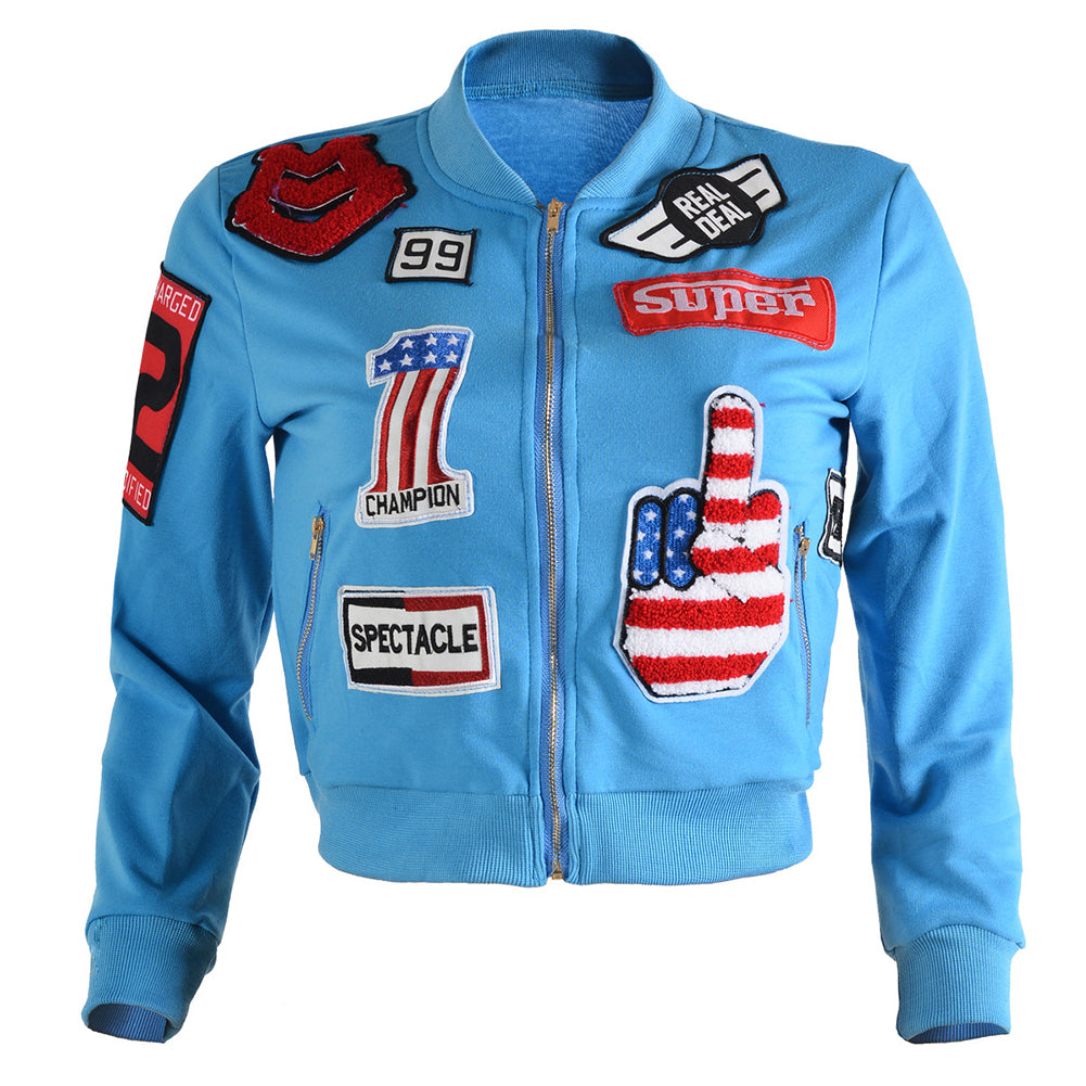 Stylish Patchwork Zipper Pocket Short Blue Jacket - Sins & Temptations