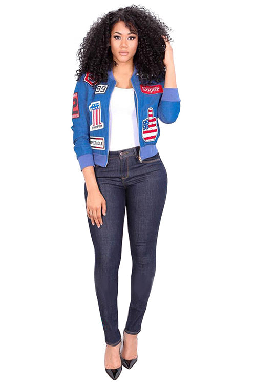 Stylish Patchwork Zipper Pocket Short Blue Jacket - Sins & Temptations