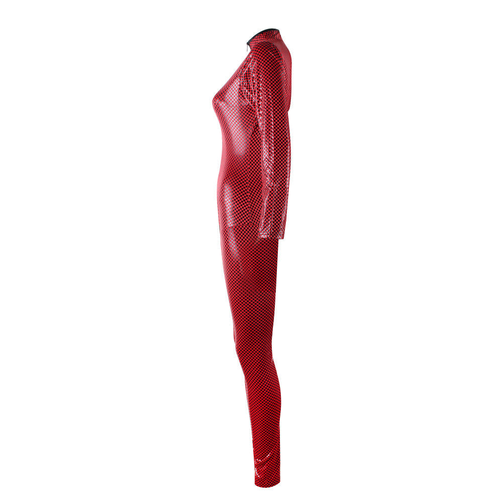 Hot Red PU Leather High Neck Snakeskin Sheathy Sexy Jumpsuits Catsuit - Sins & Temptations