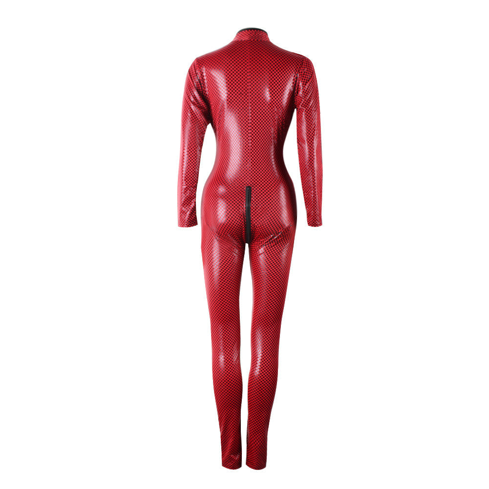 Hot Red PU Leather High Neck Snakeskin Sheathy Sexy Jumpsuits Catsuit - Sins & Temptations