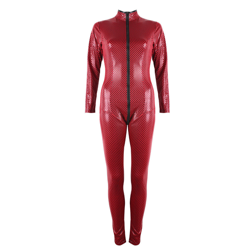 Hot Red PU Leather High Neck Snakeskin Sheathy Sexy Jumpsuits Catsuit - Sins & Temptations
