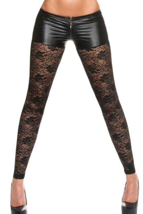 Black PU Lace faux leather Leggings - Sins & Temptations
