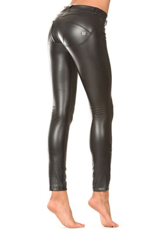 Wet Look Leather Low Waist Stretch Black Bum Enhancer Pants Bum Lifter Pants - Sins & Temptations