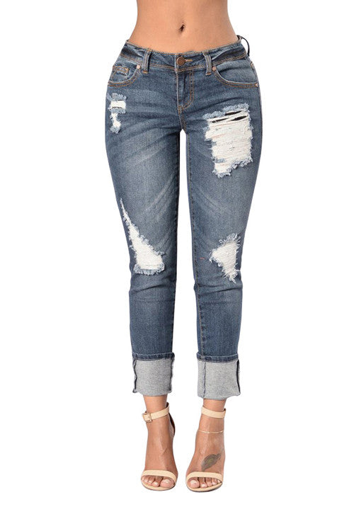 Basic Ripped Boyfriend Button Straight Leg Jeans Pant - Sins & Temptations