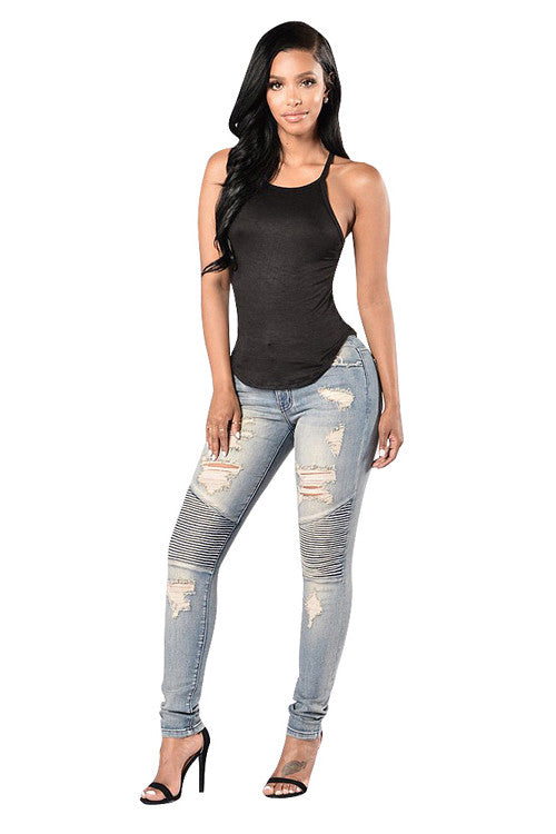 Boy Friend Style Patchwork Holes Distressed Ripped Jeans - Sins & Temptations